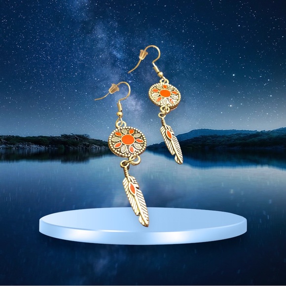 Duufin Women's Bohemian Vintage Drop Dangle with Feather Orange/Silver Earrings - Picture 2 of 5